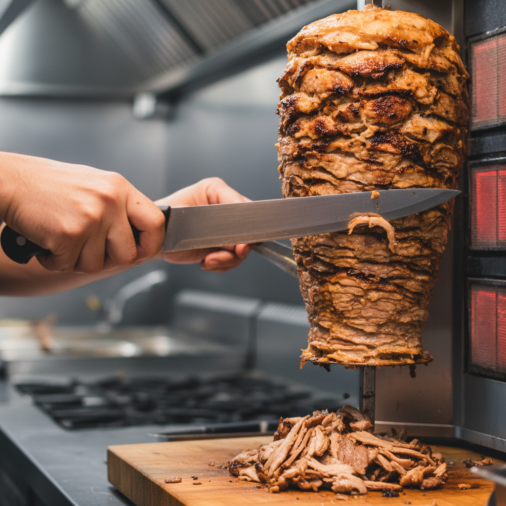 Close-up carving shawarma for Turkish restaurant delivery in Toronto, crispy edges and juicy slices