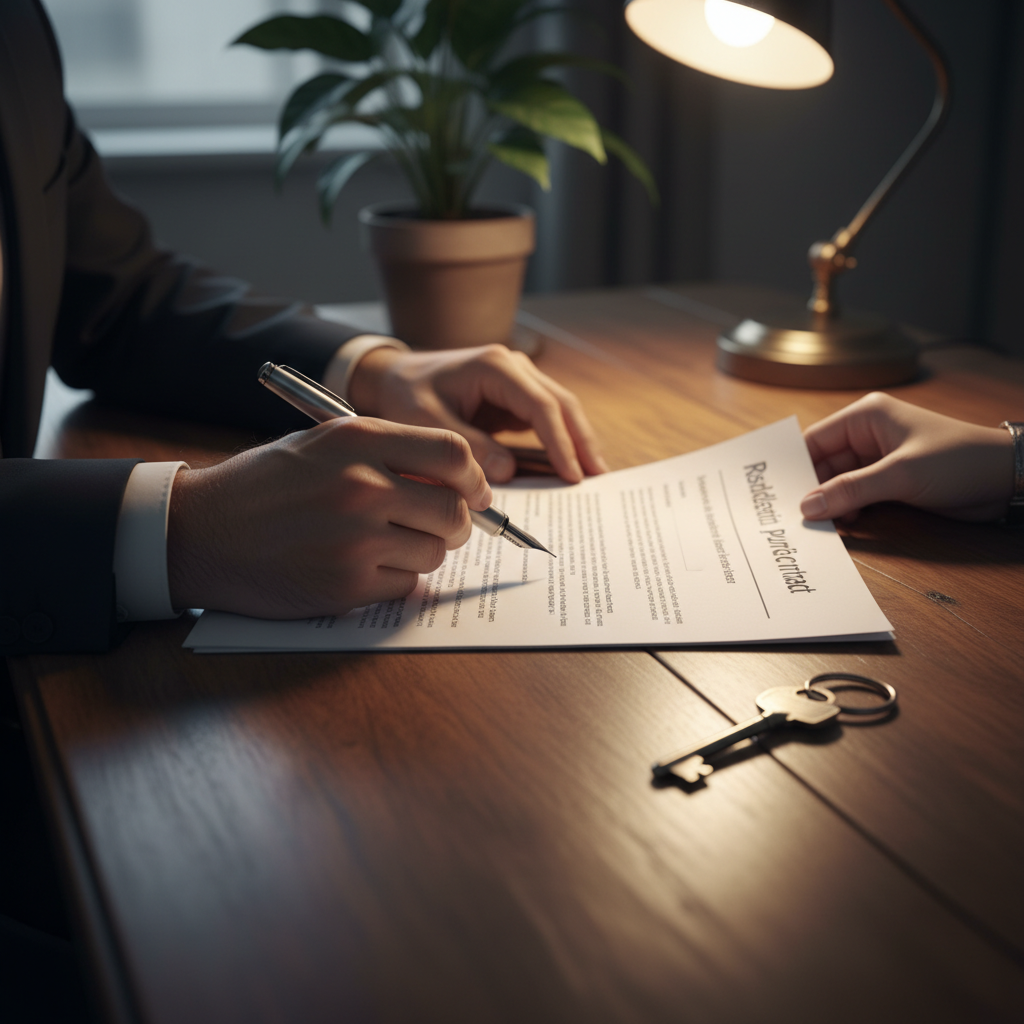 Close-up of signing a residential purchase agreement with house key beside contract for independent legal advice in real estate