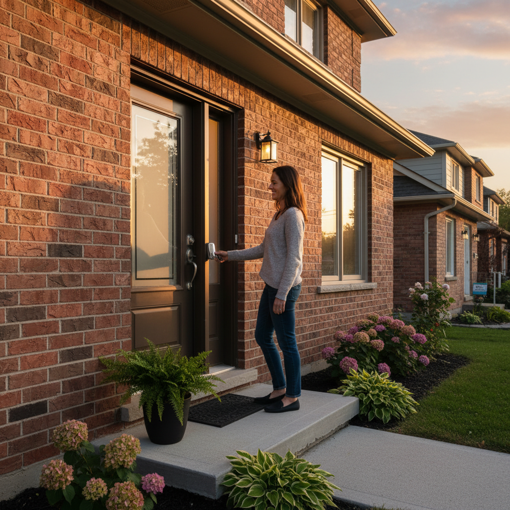 New homeowner unlocking a front door at a Toronto-area brick home, reflecting a successful closing after independent legal advice in real estate