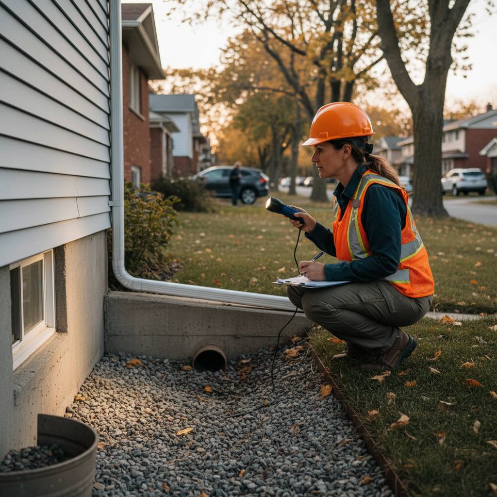 Professional home inspector checking exterior foundation and drainage as part of property purchase due diligence