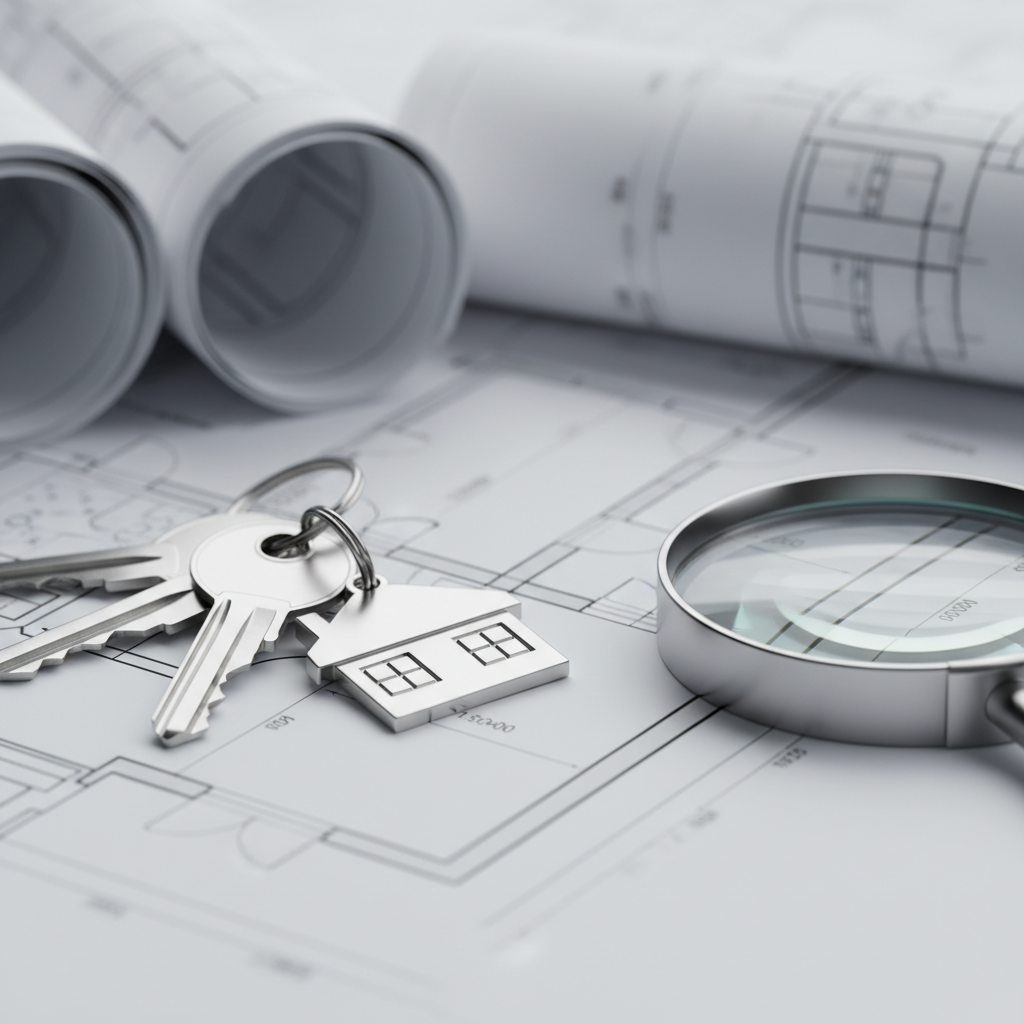 Close-up of house keys on architectural plans with magnifying glass illustrating property purchase due diligence checks