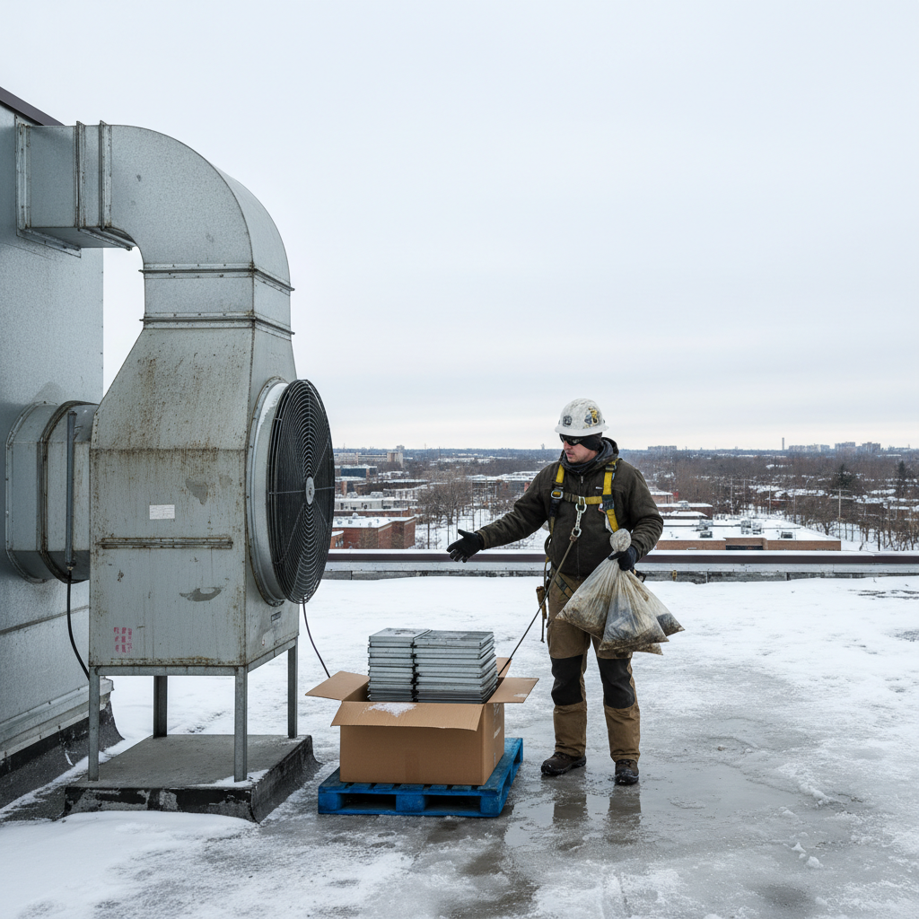 Rooftop exhaust fan and ductwork with technician handling bagged used filters during a Brampton commercial kitchen filter exchange in Southern Ontario winter
