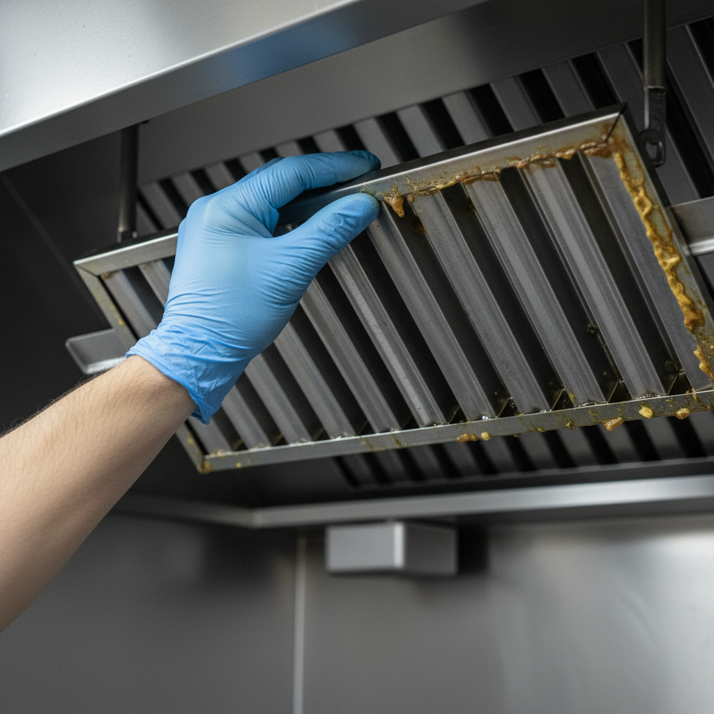 Close-up of stainless steel baffle hood filter being slid into track during commercial kitchen exhaust filter replacement in Brampton