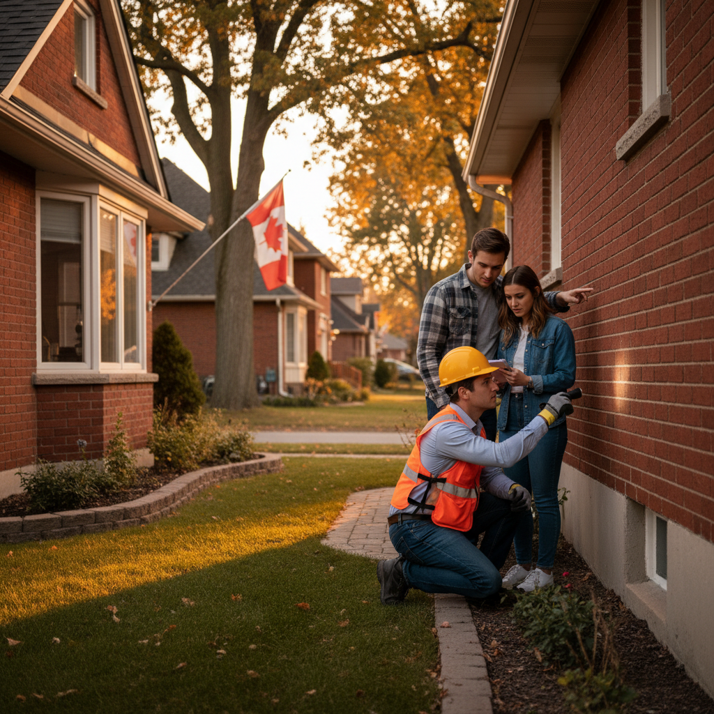 Home inspector examining exterior foundation and brickwork during property due diligence in Toronto