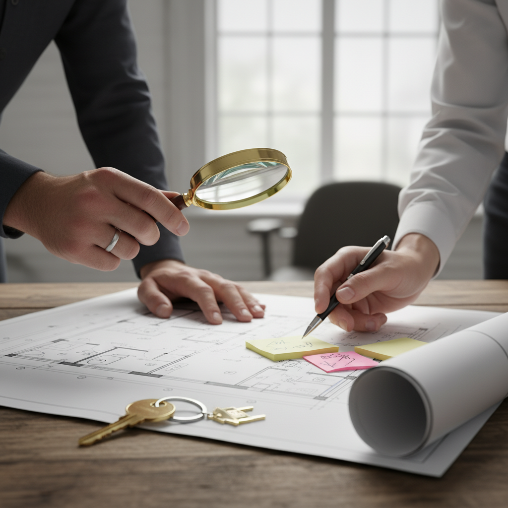 Close-up of hands reviewing a floor plan and house keys during property purchase due diligence in Toronto