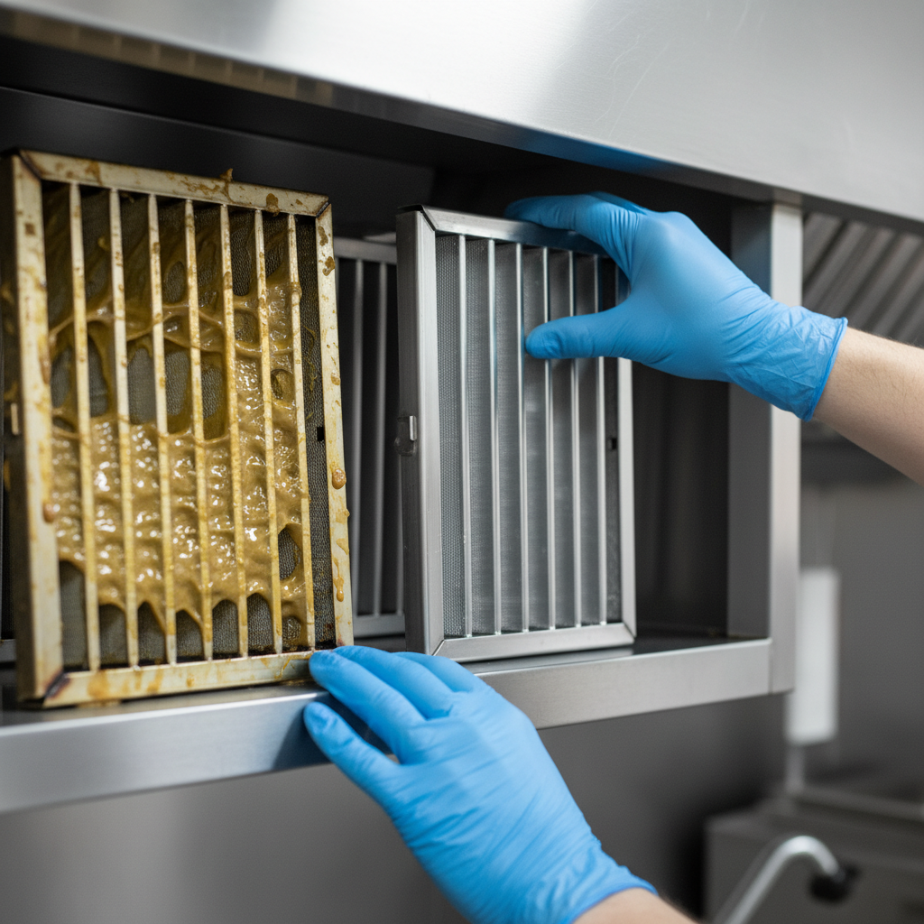 Close-up of stainless steel baffle exhaust filter being slid into a commercial hood track during replacement in Brampton