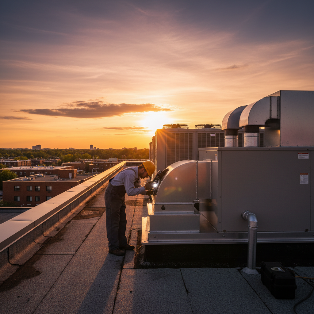 Rooftop commercial kitchen exhaust fan inspection at sunset with clean ductwork in Brampton