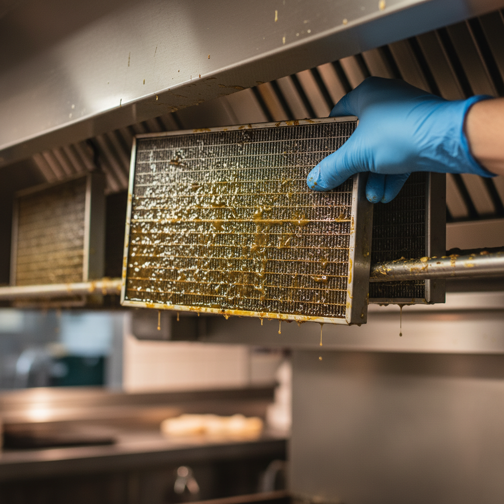 Technician replacing stainless steel baffle hood filter in a Brampton commercial kitchen, NFPA 96 aligned