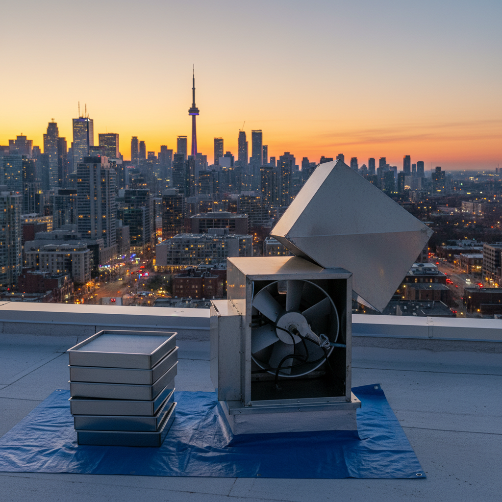 Rooftop exhaust fan open for maintenance with clean hood filters staged beside it in Southern Ontario