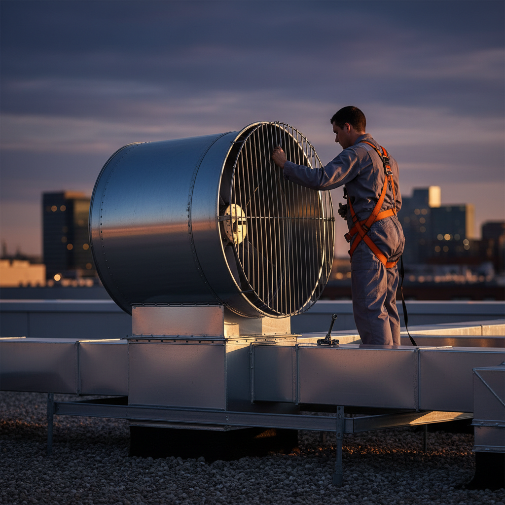Rooftop upblast exhaust fan and ductwork inspection in Ontario with technician verifying fan belts and bearings at dusk