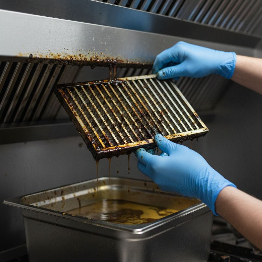 Close-up of a greasy stainless baffle filter being removed during commercial kitchen exhaust filter replacement in Brampton