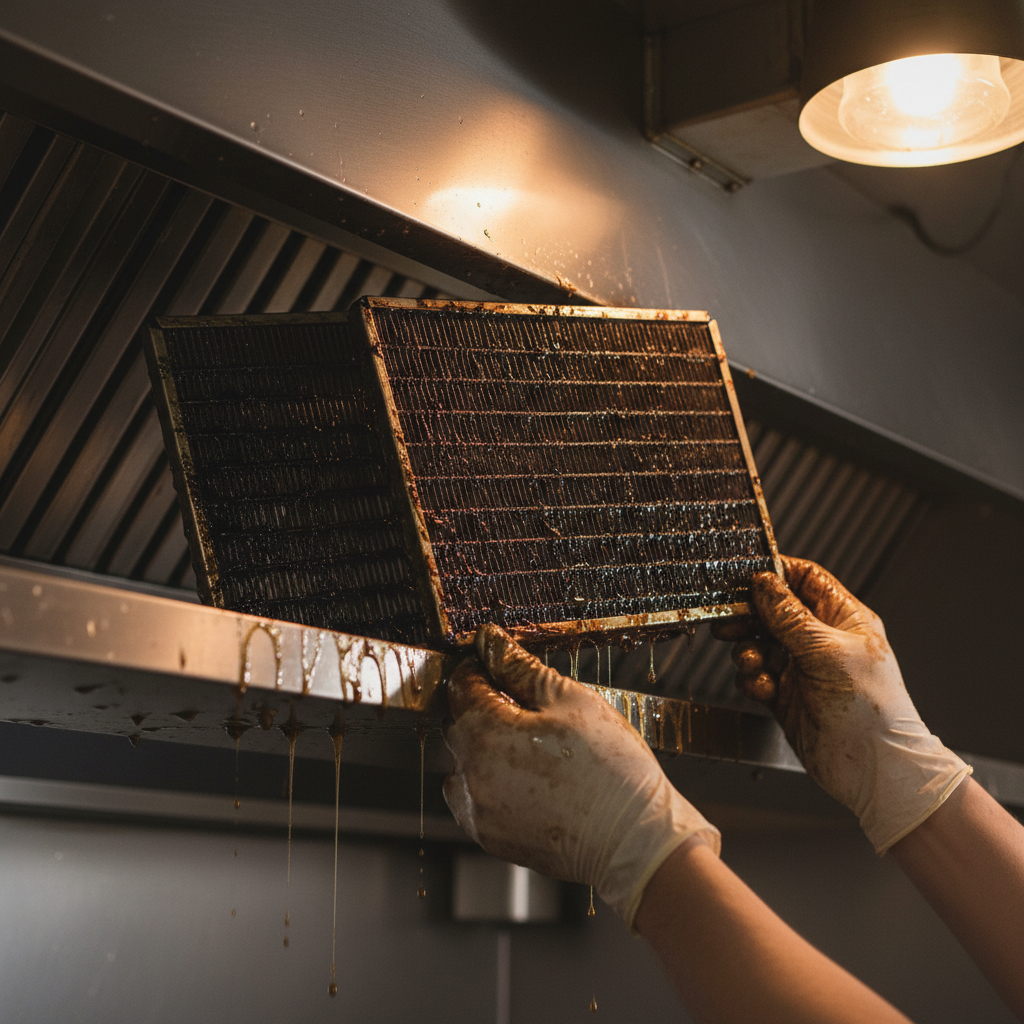 Close-up of stainless baffle filters removed for commercial kitchen exhaust filter replacement in Brampton
