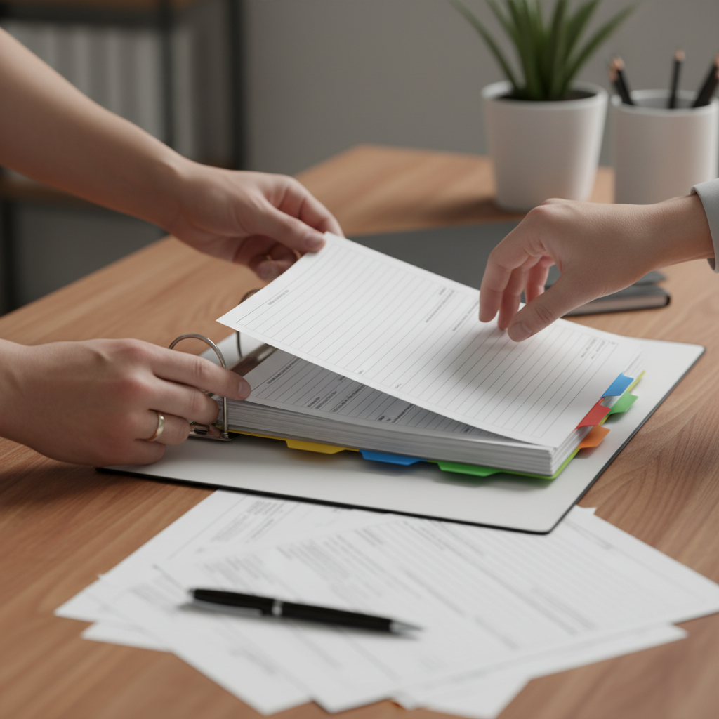 Close-up of parents organizing a parenting plan binder for an Ontario custody agreement
