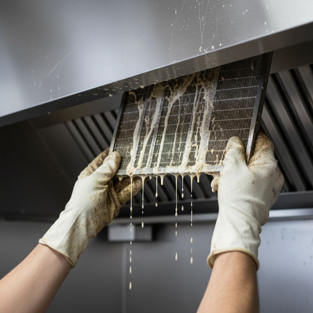 Technician removing greasy baffle filter for kitchen exhaust cleaning to reduce fire hazards