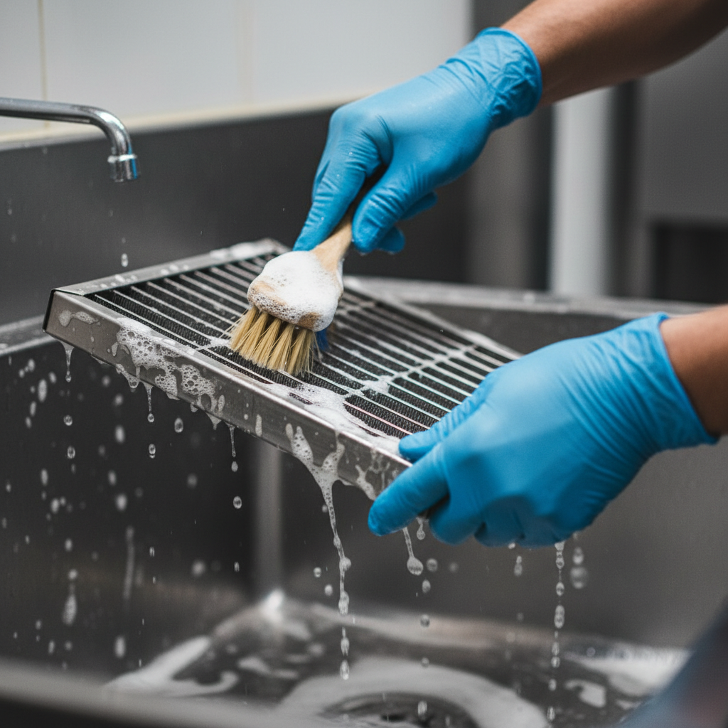 Close-up of baffle filter degreasing during commercial kitchen hood cleaning in Ontario
