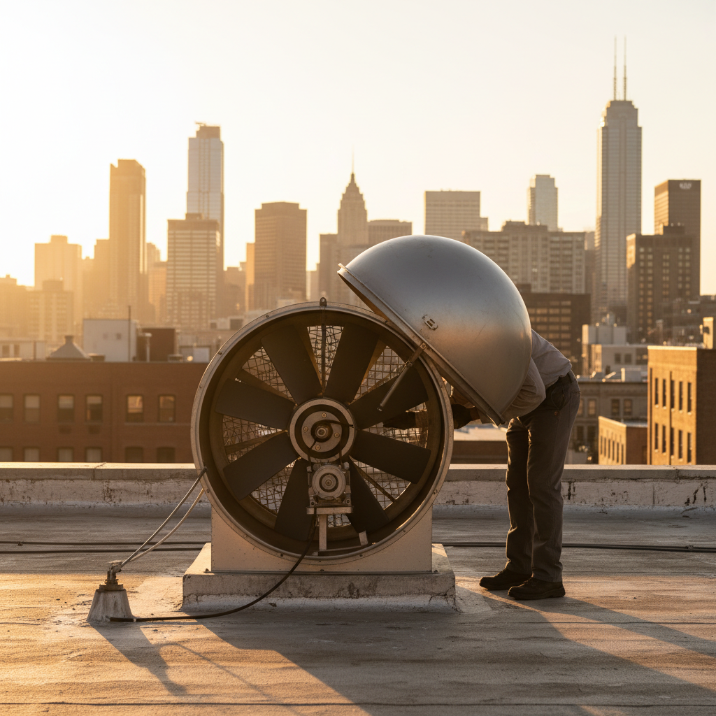 Rooftop upblast exhaust fan open on hinge kit during inspection in Ontario