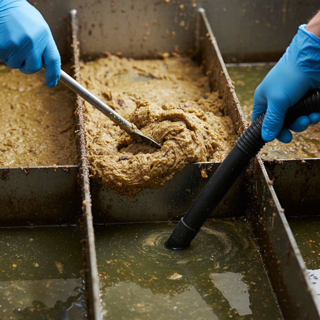 Close-up of a commercial grease trap interior with baffles and FOG layer being removed, demonstrating grease trap maintenance best practices in Ontario kitchens