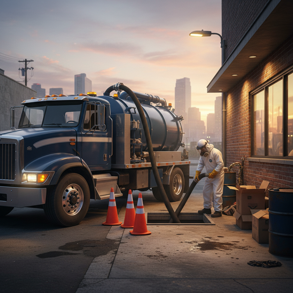 Vacuum truck servicing an exterior grease interceptor in a Southern Ontario alley, showcasing professional grease trap maintenance and hauling