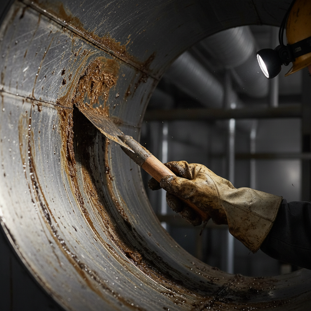 Close-up of grease removal inside a commercial kitchen exhaust duct, showing scraping technique for exhaust duct fire hazard prevention
