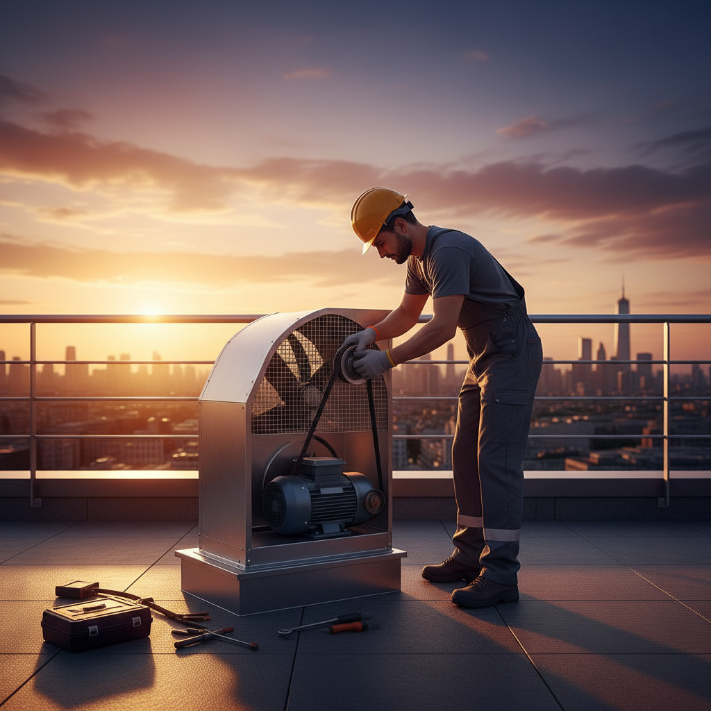 Rooftop restaurant exhaust fan with a technician adjusting a fan belt during maintenance at sunset