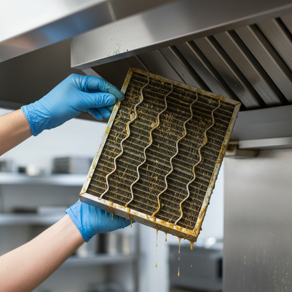 Close-up detail of a baffle grease filter being removed for restaurant hood cleaning, showing grease buildup and technician’s gloved hands