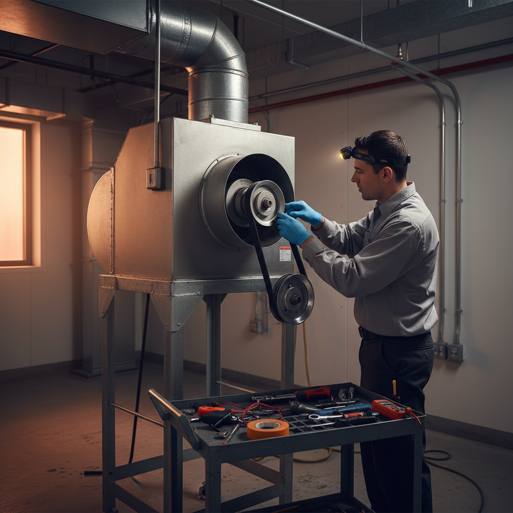 Technician inspecting restaurant exhaust fan assembly and checking belt condition in a mechanical room in Ontario