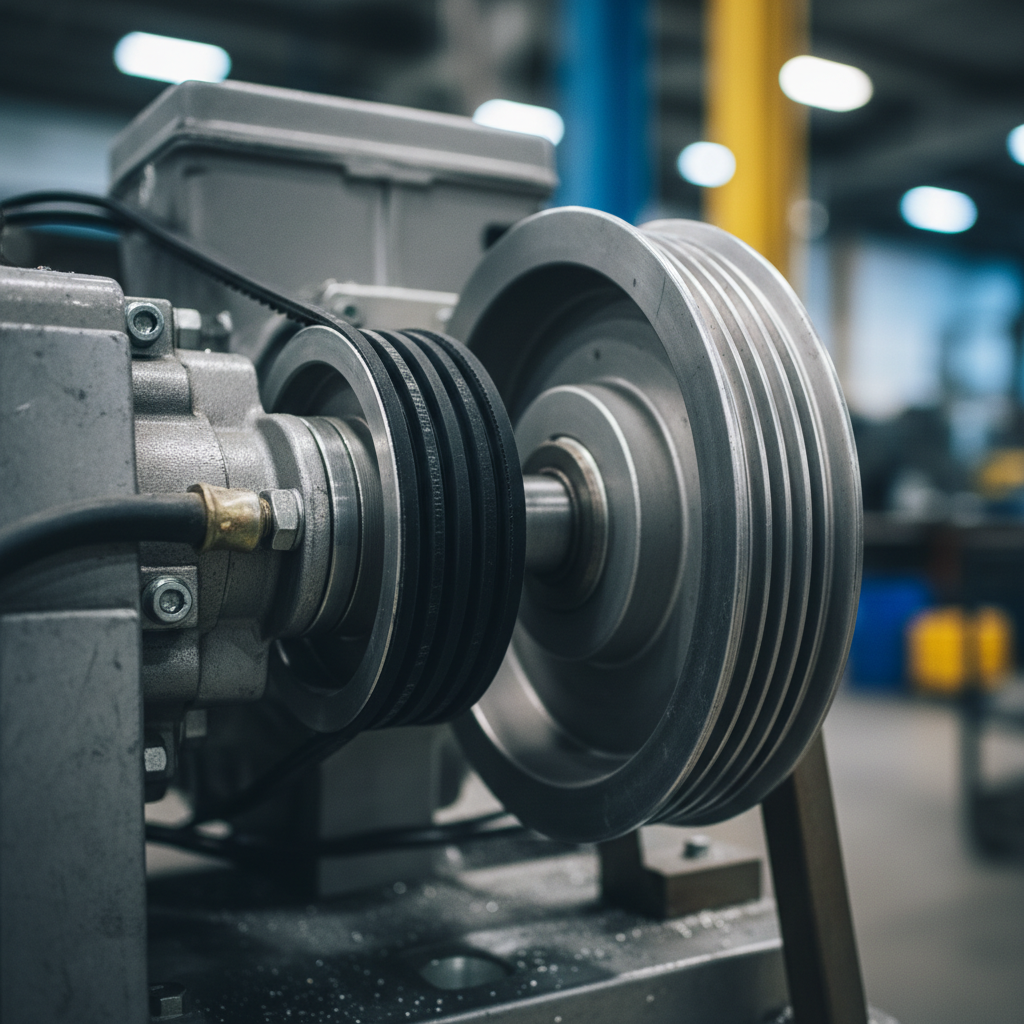 Close-up V-belt on commercial exhaust fan motor and pulley with proper belt tension and alignment for Ontario restaurant kitchens