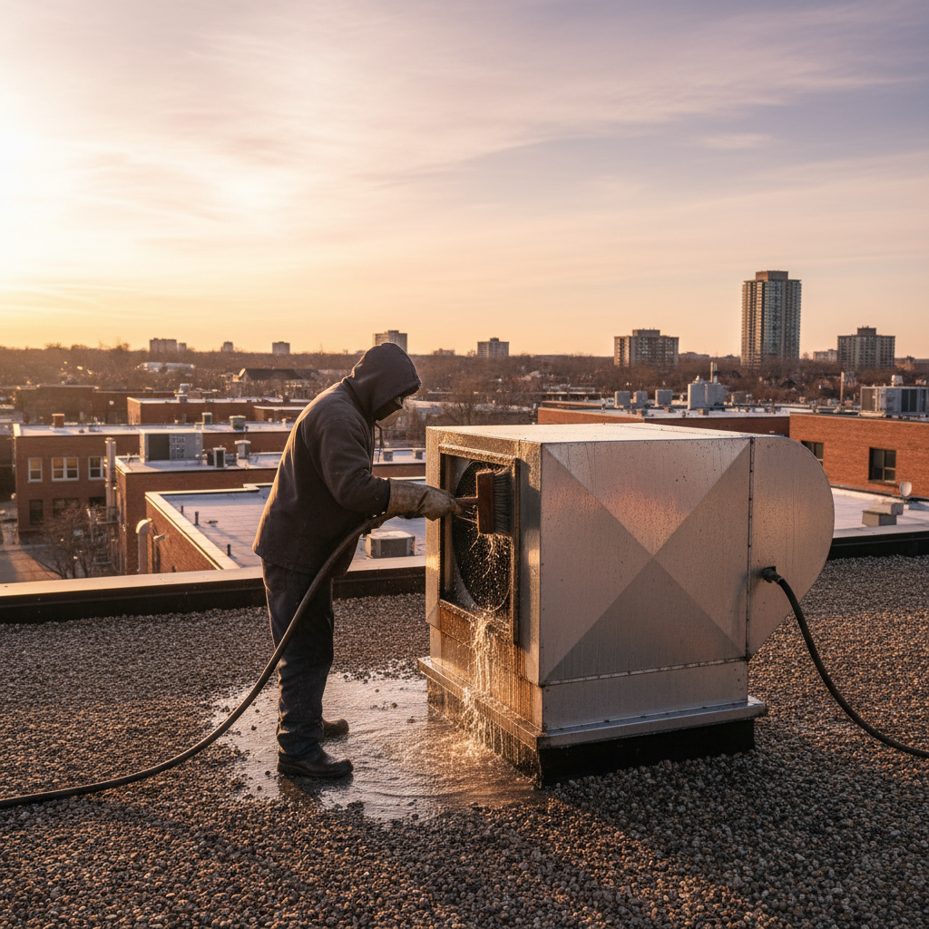 Technician degreasing a rooftop exhaust fan housing in Southern Ontario, part of commercial equipment degreasing methods for NFPA 96 compliance