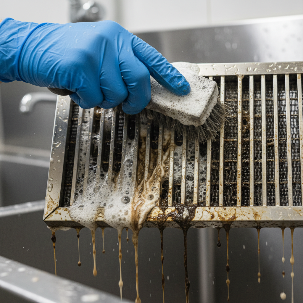 Close-up of baffle filter degreasing with foaming alkaline cleaner in a commercial kitchen, demonstrating commercial equipment degreasing methods