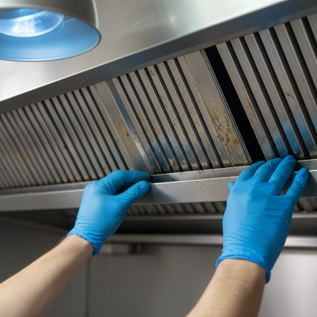 Technician sliding a stainless baffle into a commercial hood, illustrating a filter replacement schedule for commercial kitchens