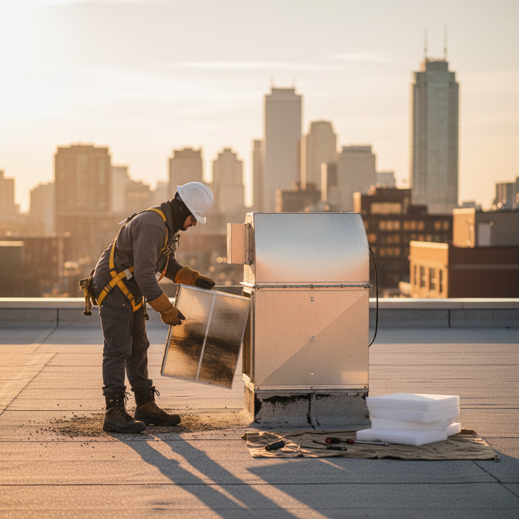 Rooftop technician replacing makeup air pleated filters near a kitchen exhaust fan, part of a commercial kitchen filter schedule