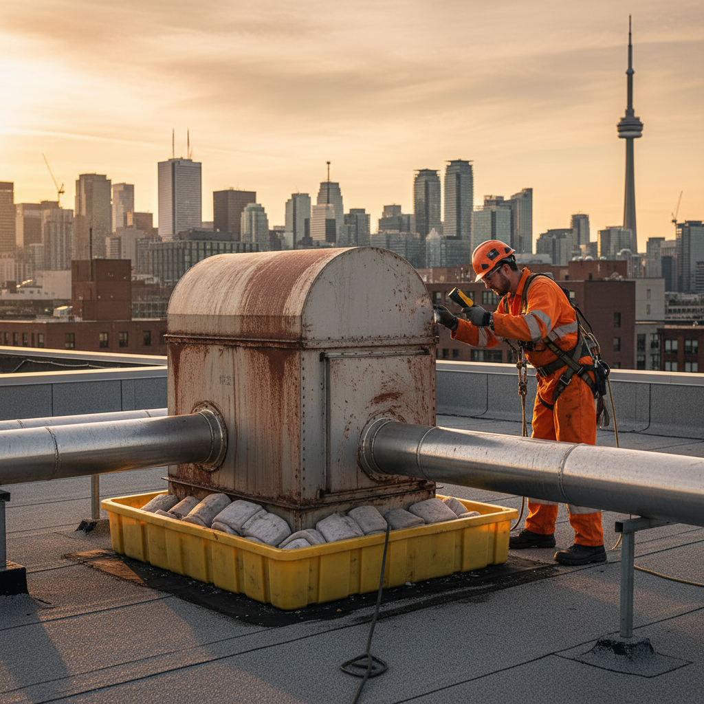 Technician inspecting a rooftop kitchen exhaust fan in Ontario for proper airflow and grease containment