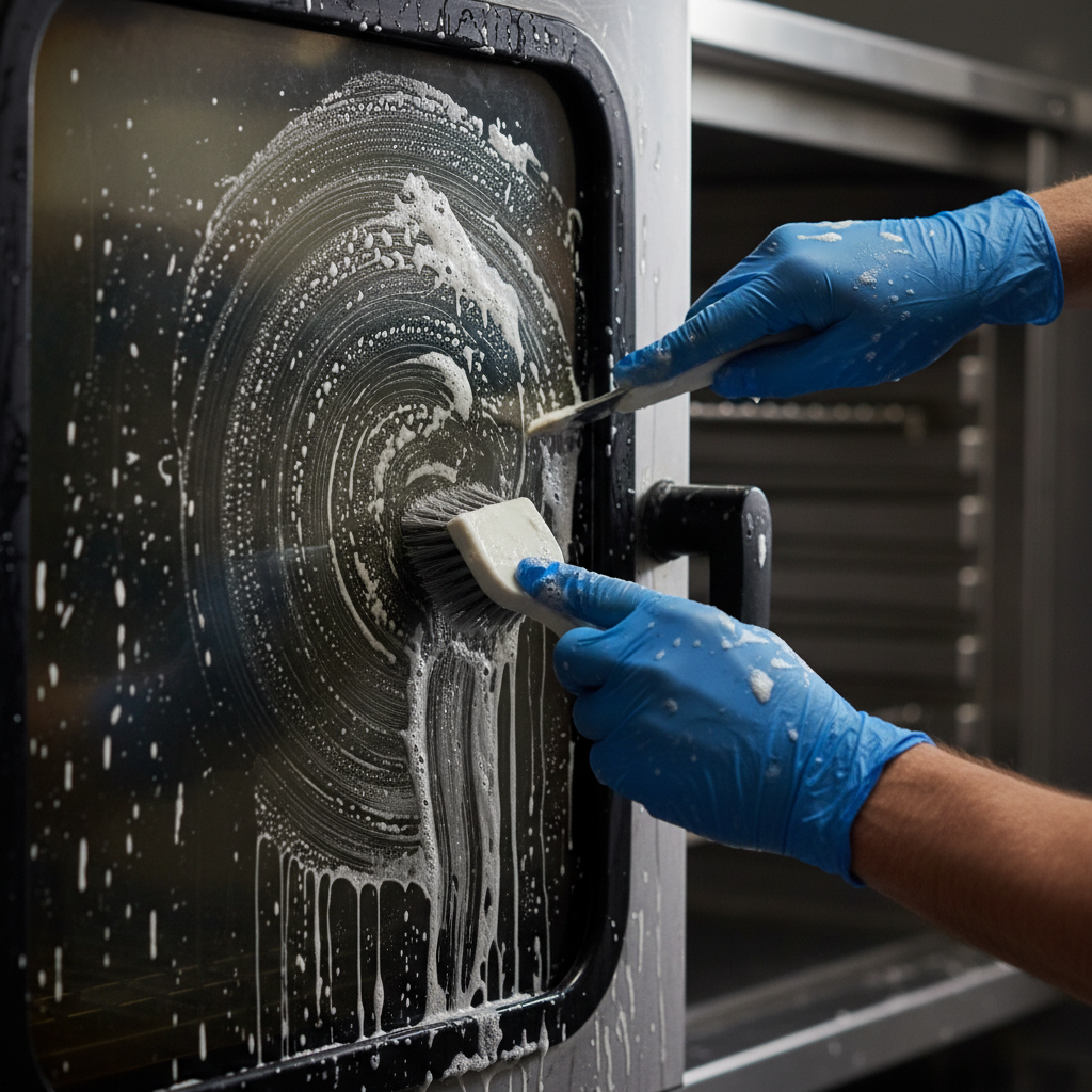 Technician scrubbing commercial oven gasket during deep cleaning process with biodegradable degreaser