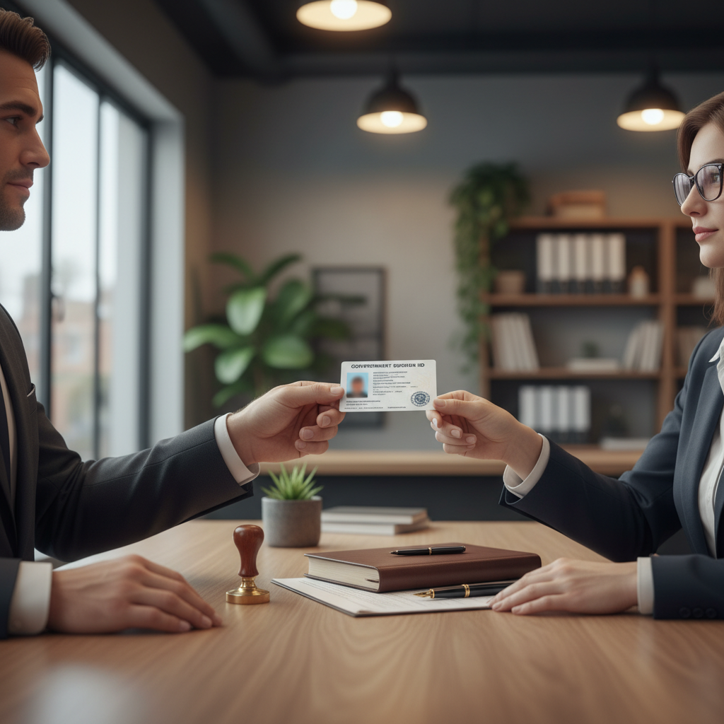 Client handing a government photo ID to a notary in a Toronto office, demonstrating identity verification before notarization