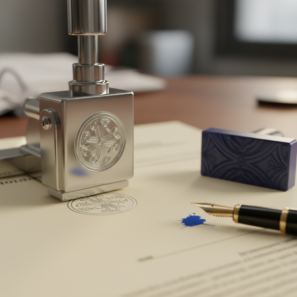 Close-up of a notary embosser creating a raised seal on a legal document, illustrating notary public services explained for Toronto clients