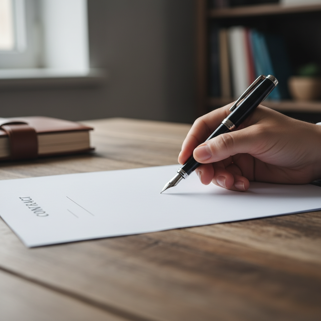 Detail shot of pen over contract illustrating business law contract essentials