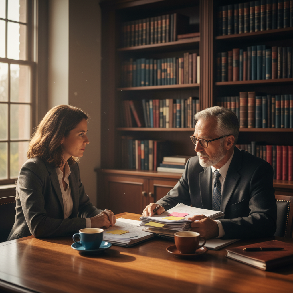 Lawyer meeting with small business owner reviewing agreements in Toronto office