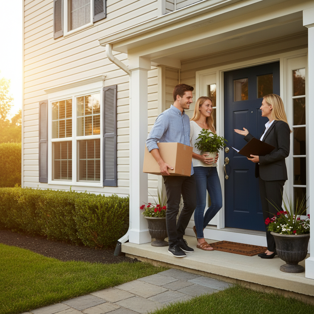 new homeowners entering a house with a professional advisor nearby, representing successful closing with a real estate lawyer