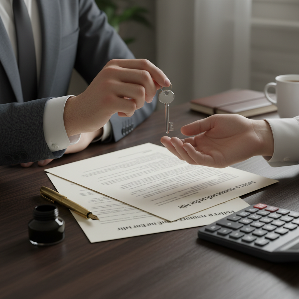 close-up of hands exchanging a house key over closing documents with fountain pen and calculator, illustrating when to hire a real estate lawyer