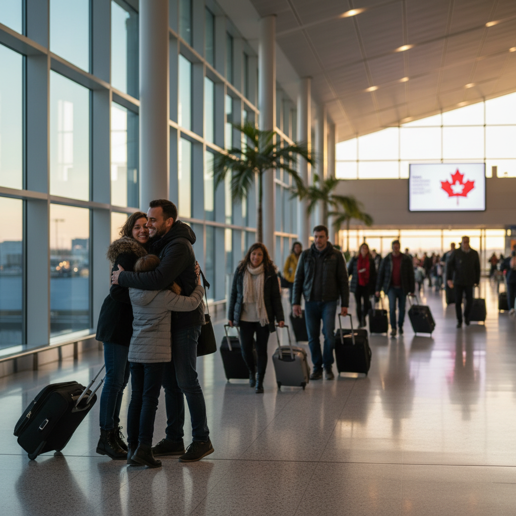 New permanent residents arriving at airport in Canada, family greeting scene