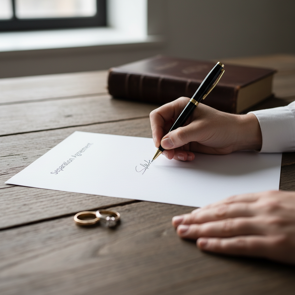 Close-up of hands signing a separation agreement, family law separation process guide visual