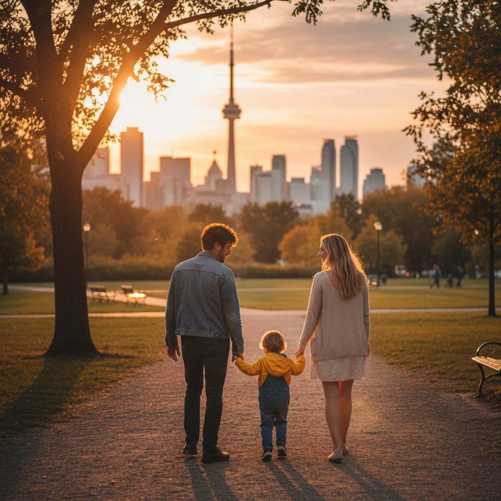 Co-parents walking with child at sunset in a Toronto park, symbolizing cooperative parenting after separation