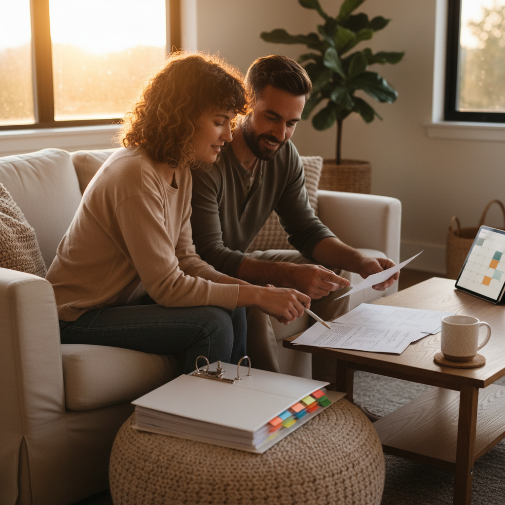 Organized home estate planning binder with color tabs and a couple reviewing documents, illustrating estate planning best practices