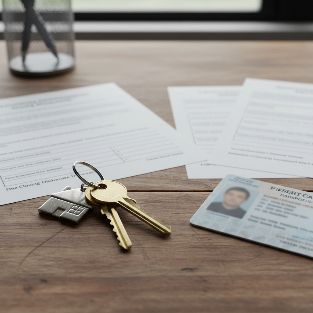 House keys and ID documents arranged for a mortgage closing checklist, close-up detail on a wooden desk