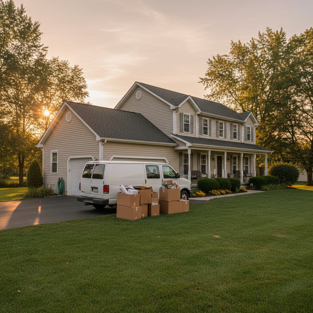Suburban home at golden hour with moving truck and boxes, symbolizing a successful mortgage closing