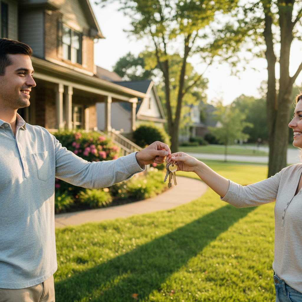 Homeowner handing keys after successful property title transfer, symbolizing a smooth closing