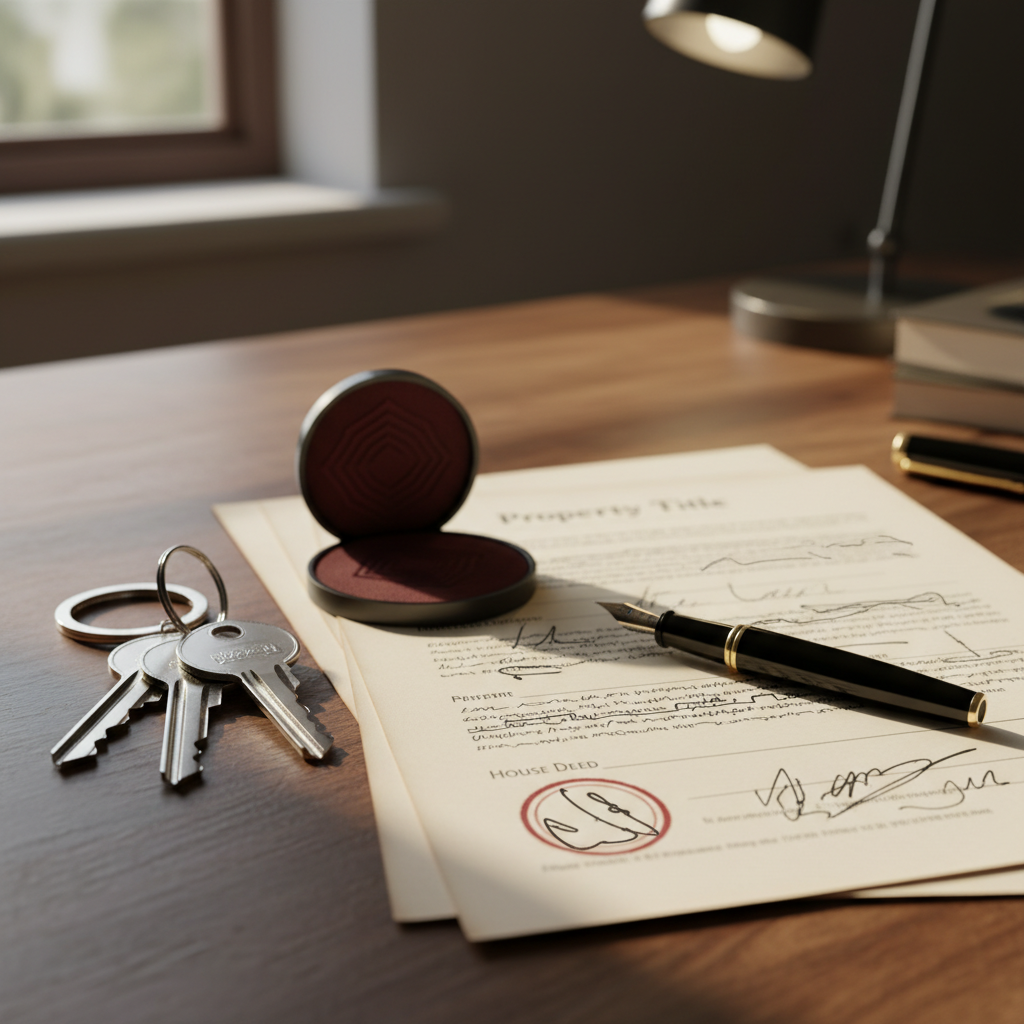 Close-up of title transfer documents, house keys, and stamp illustrating the property title transfer process