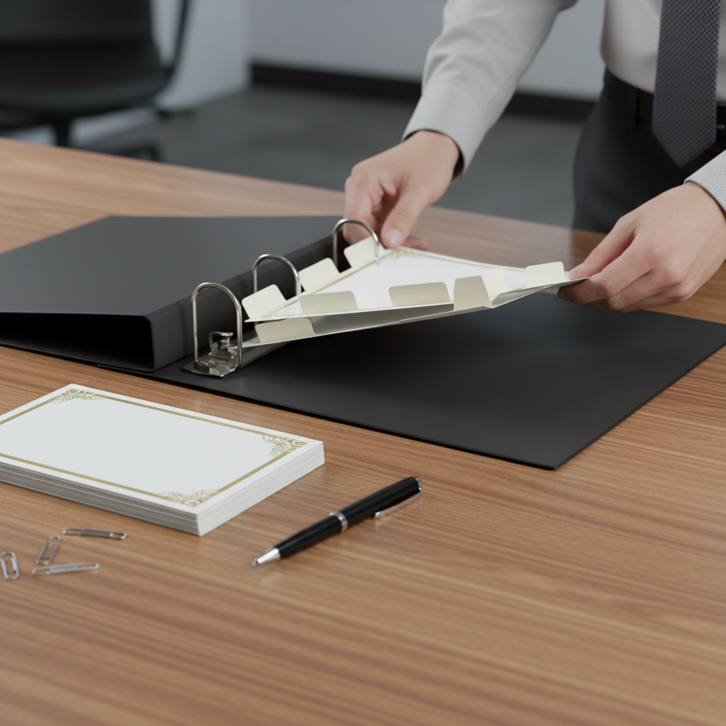 Close-up of an Ontario incorporation minute book with share certificates and binder