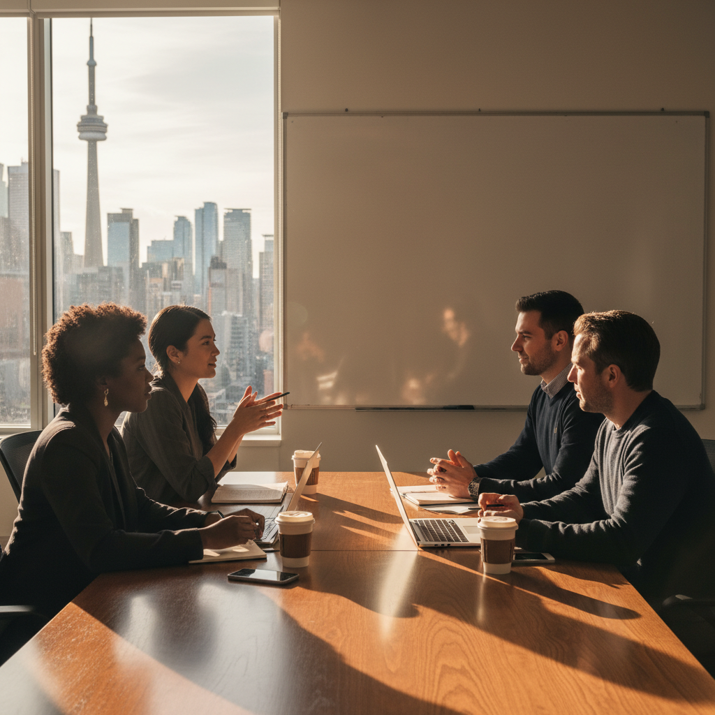 Small business founders in a Toronto office planning incorporation steps and governance