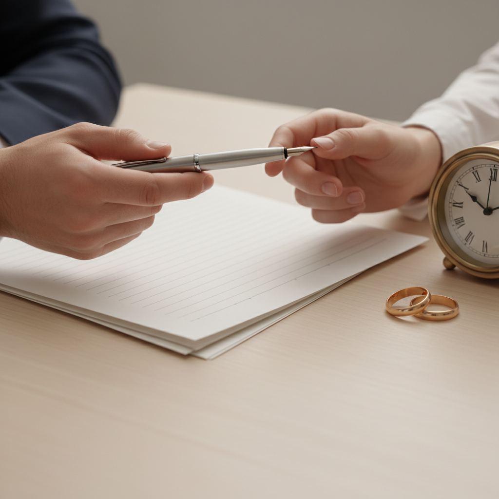 Close-up of hands exchanging a pen over legal papers and wedding rings, illustrating Ontario divorce paperwork steps and affidavits in the divorce proceedings timeline Canada follows